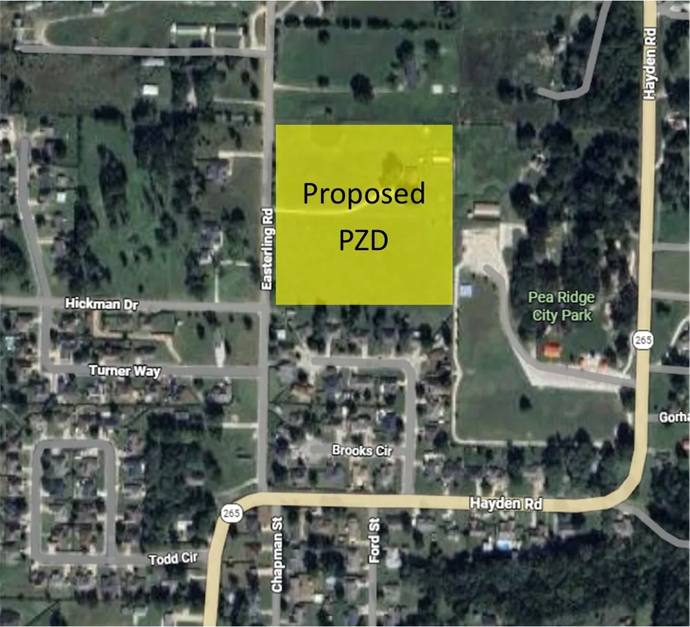 Map showing the proposed Village at City Park PZD site near Pea Ridge City Park and Easterling Road